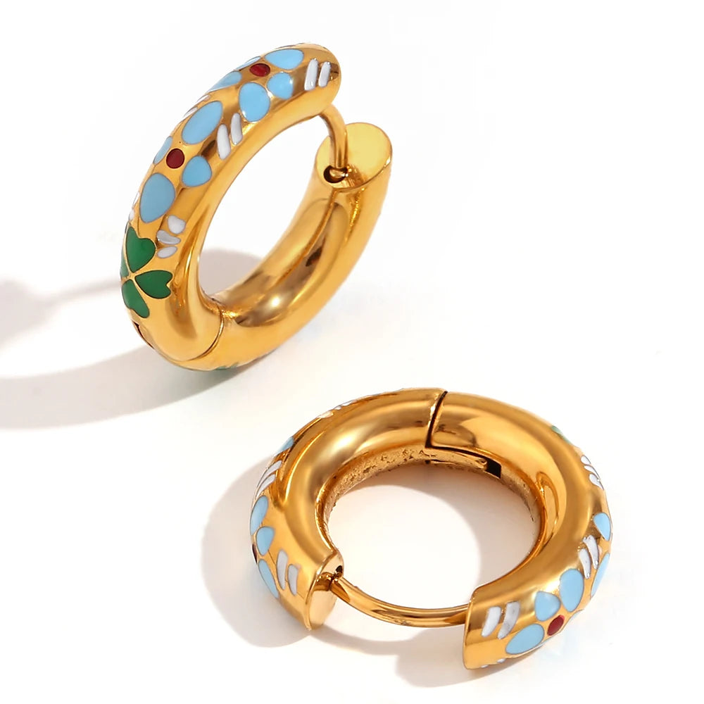 E.B.belle Colorful Enamel Clover Flower Hoop Earrings 316L Stainless Steel Fashion 18K Gold Plated Earrings for Women Jewelry
