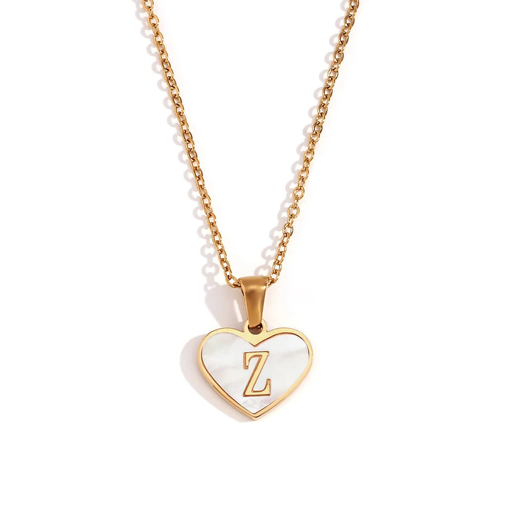 Heart Shell Letter Pendant Necklace Cute Water Resistant 18K Gold Plated Women's Neck Chain 316L Stainless Steel Accessories