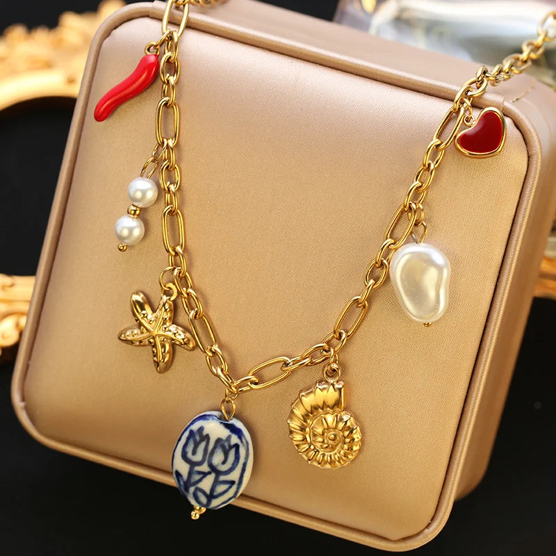 EILIECK 316L Stainless Steel Sun Heart Flower Pendant Necklace 18K Gold Plated Accessories Charm Handmade Jewelry For Women Girl