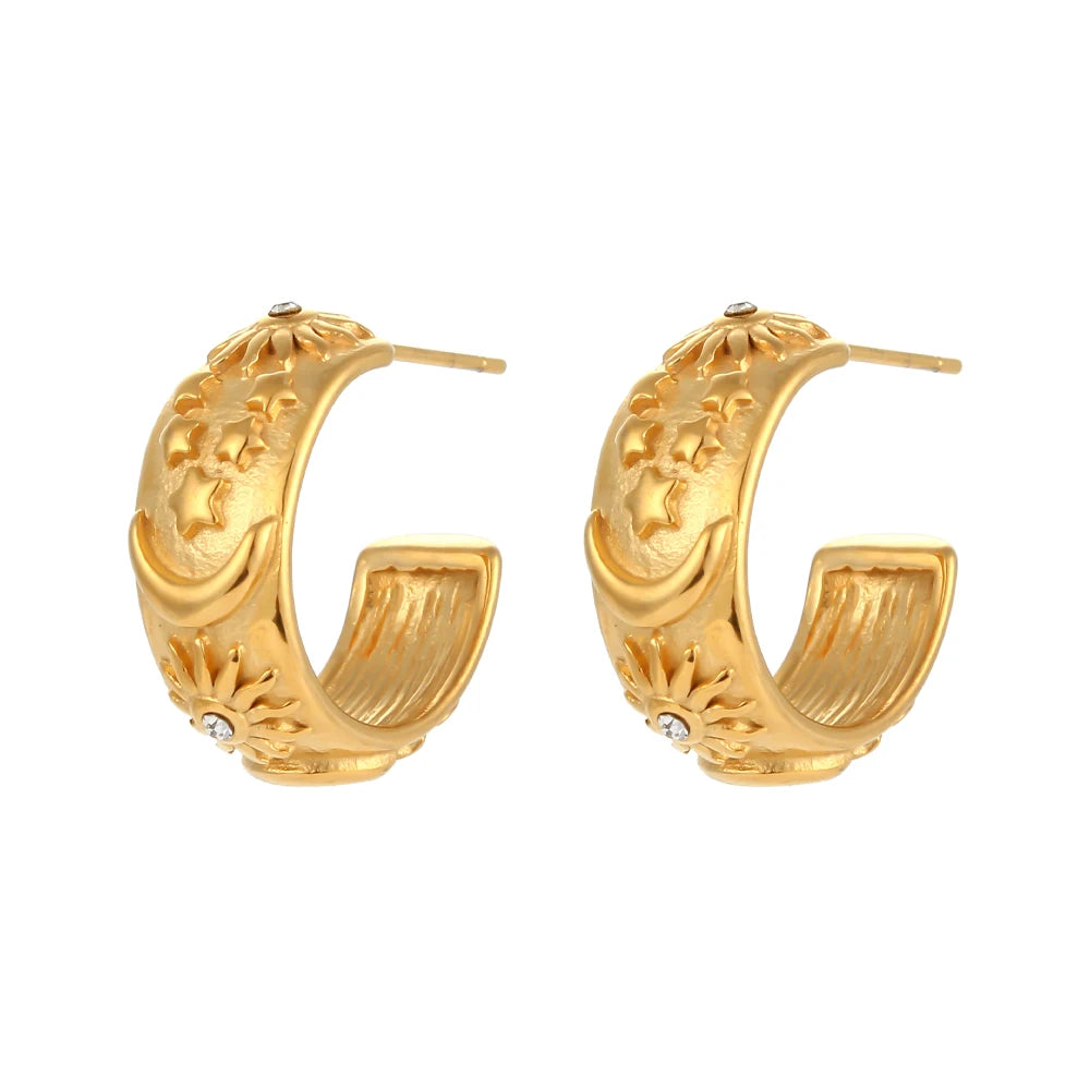 MamacitaSlay 316L Stainless Steel 18K Gold Plated Sun Moon Star Embossed Jewelry Set Open Cuff Bangle Hoop Earrings Band Ring
