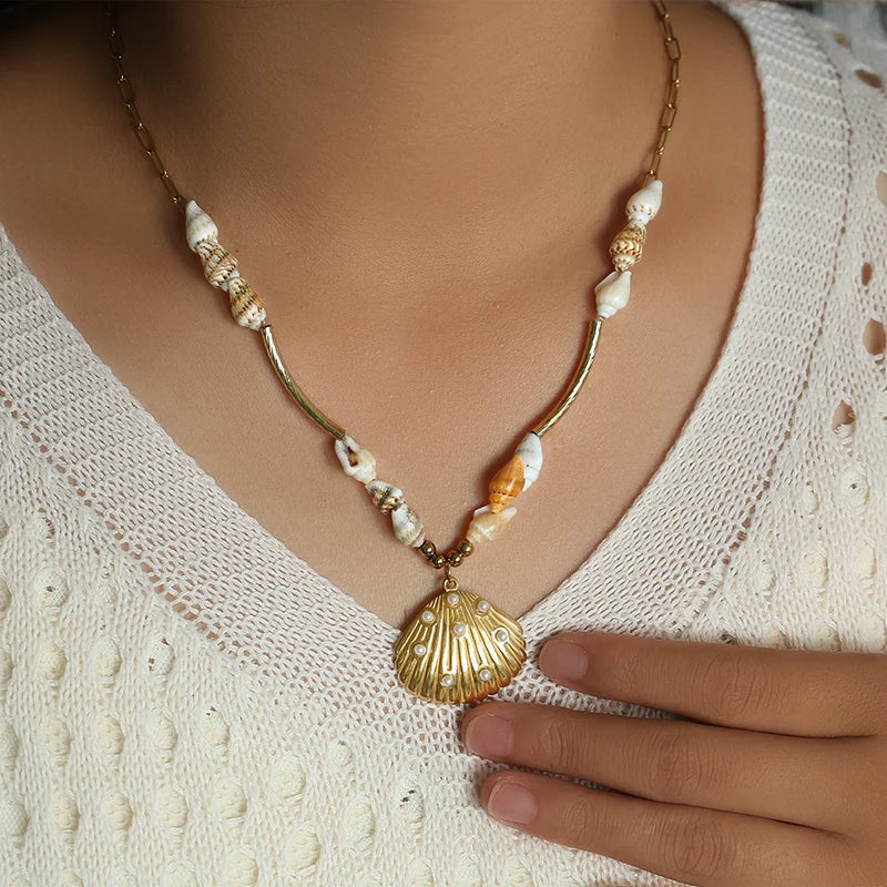 EILIECK 316L Stainless Steel Starfish Shell Sun Pendant Necklace For Women New 18K Gold Plated Summer Charm Handmade Jewelry