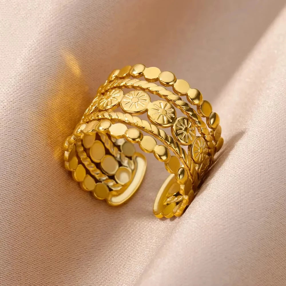 Vintage 316L Stainless Steel Geometry Ring for Women Gold Plated Flower Opening Finger Ring Exquisite Wedding Party Jewelry 2025