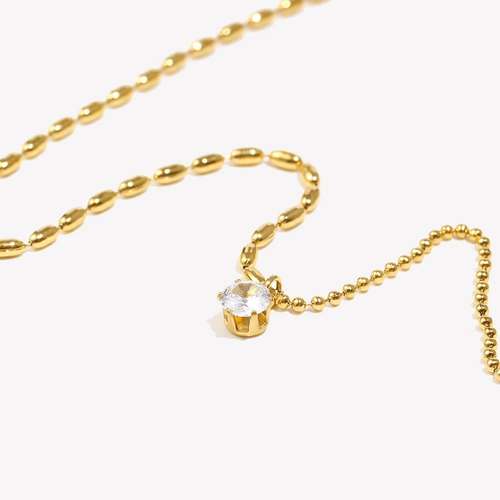 E.B.belle Asymmetric Round Bead Chain Zircon Pendant Necklace 18K Gold Plated Accessories 316L Stainless Steel Necklace
