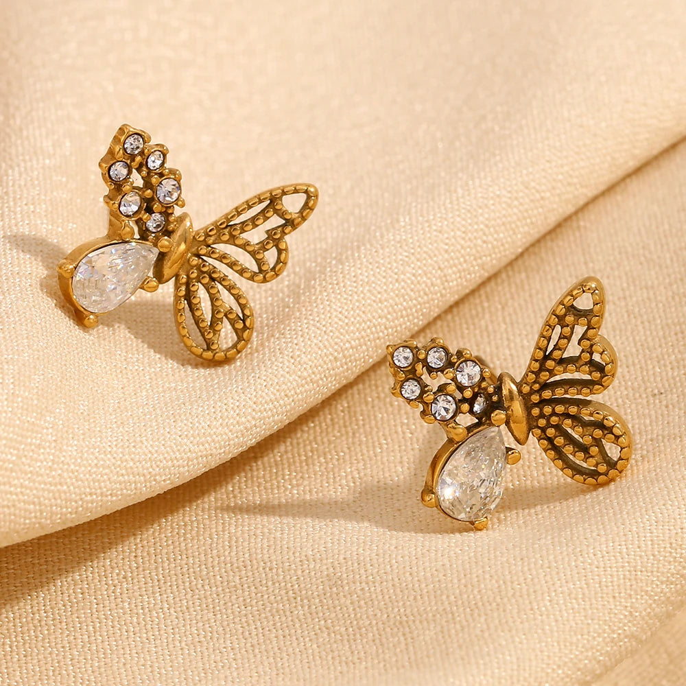 Asymmetric Half Set Zircon Butterfly Stud Earrings Hypoallergenic 316L Stainless Steel Women's Earrings 18K Gold Plated Gift