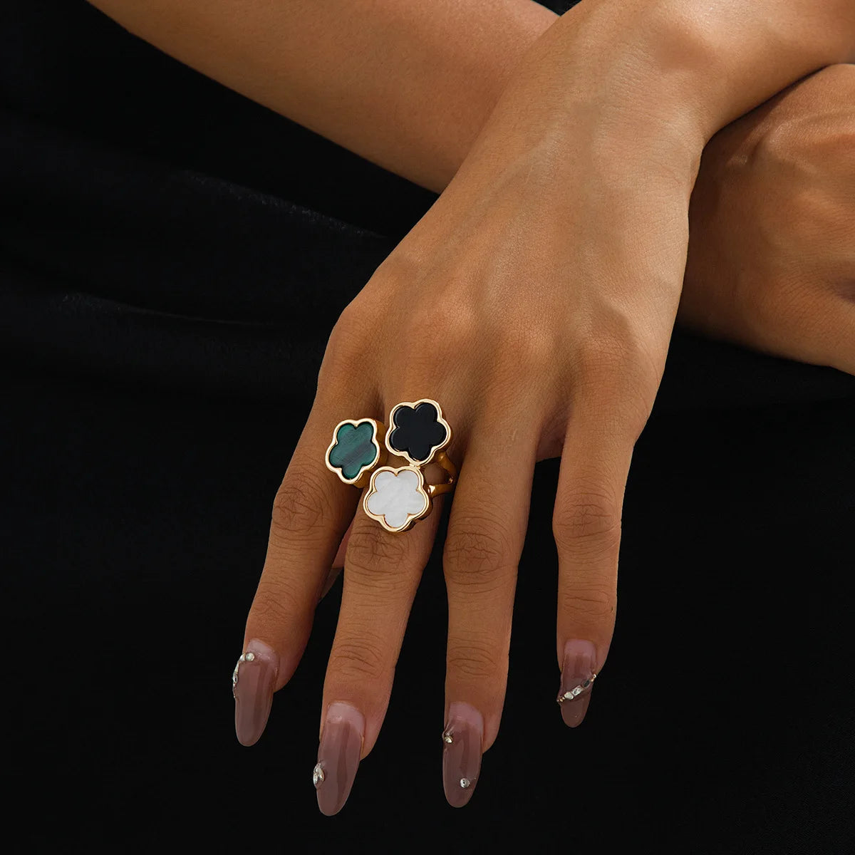 Women's 316L Stainless Steel Five Leaf Clover Open Ring PVD 18K Gold Plated Fashion Waterproof Jewelry Charms