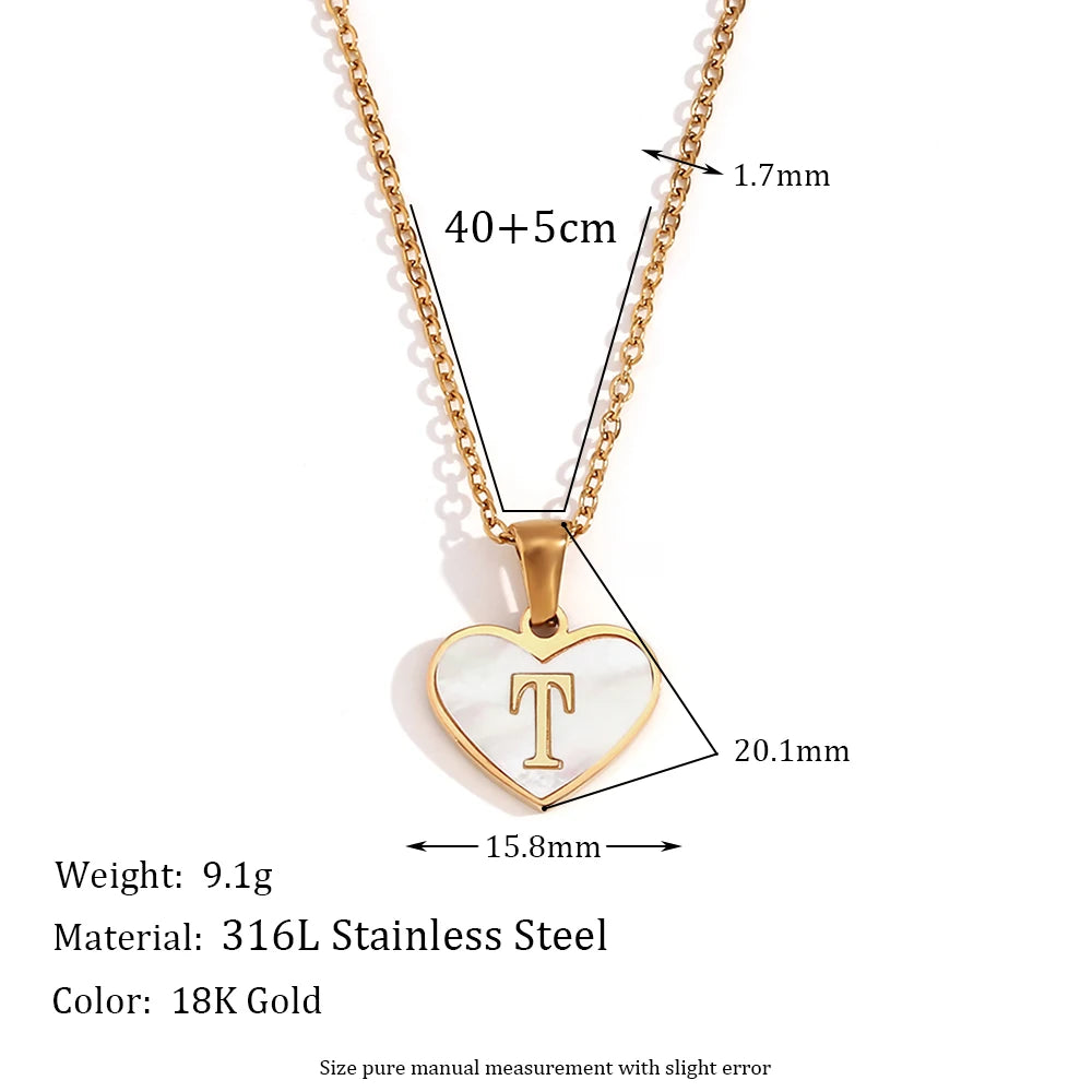 Heart Shell Letter Pendant Necklace Cute Water Resistant 18K Gold Plated Women's Neck Chain 316L Stainless Steel Accessories