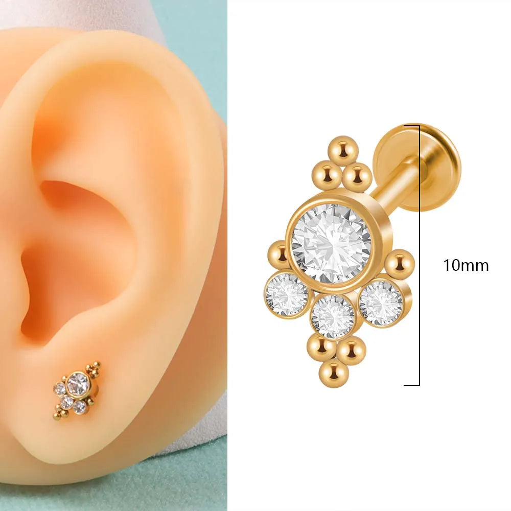 1PC 316L Surgical Steel 16G Gold Plated Cz Labret Lip Ring Crystal Cluster Ear Cartilage Tragus Helix Daith Piercing Jewelry