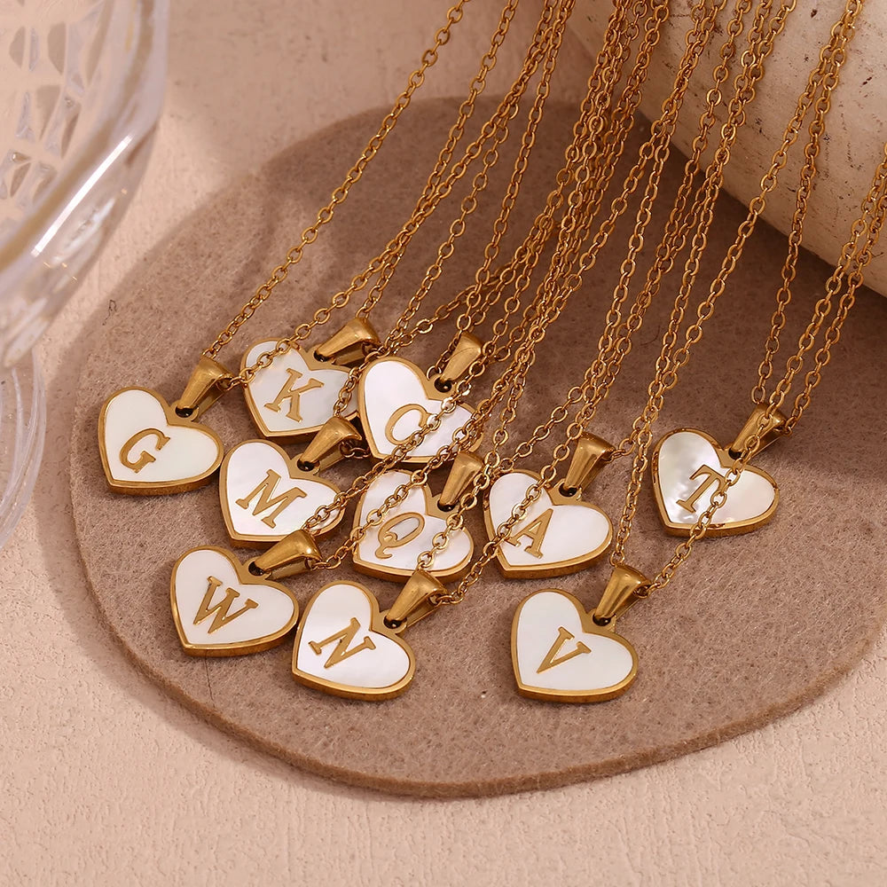 Heart Shell Letter Pendant Necklace Cute Water Resistant 18K Gold Plated Women's Neck Chain 316L Stainless Steel Accessories