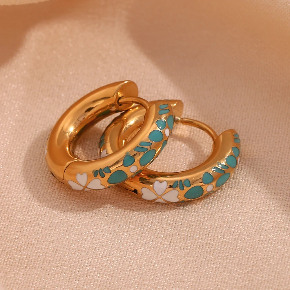 E.B.belle Colorful Enamel Clover Flower Hoop Earrings 316L Stainless Steel Fashion 18K Gold Plated Earrings for Women Jewelry