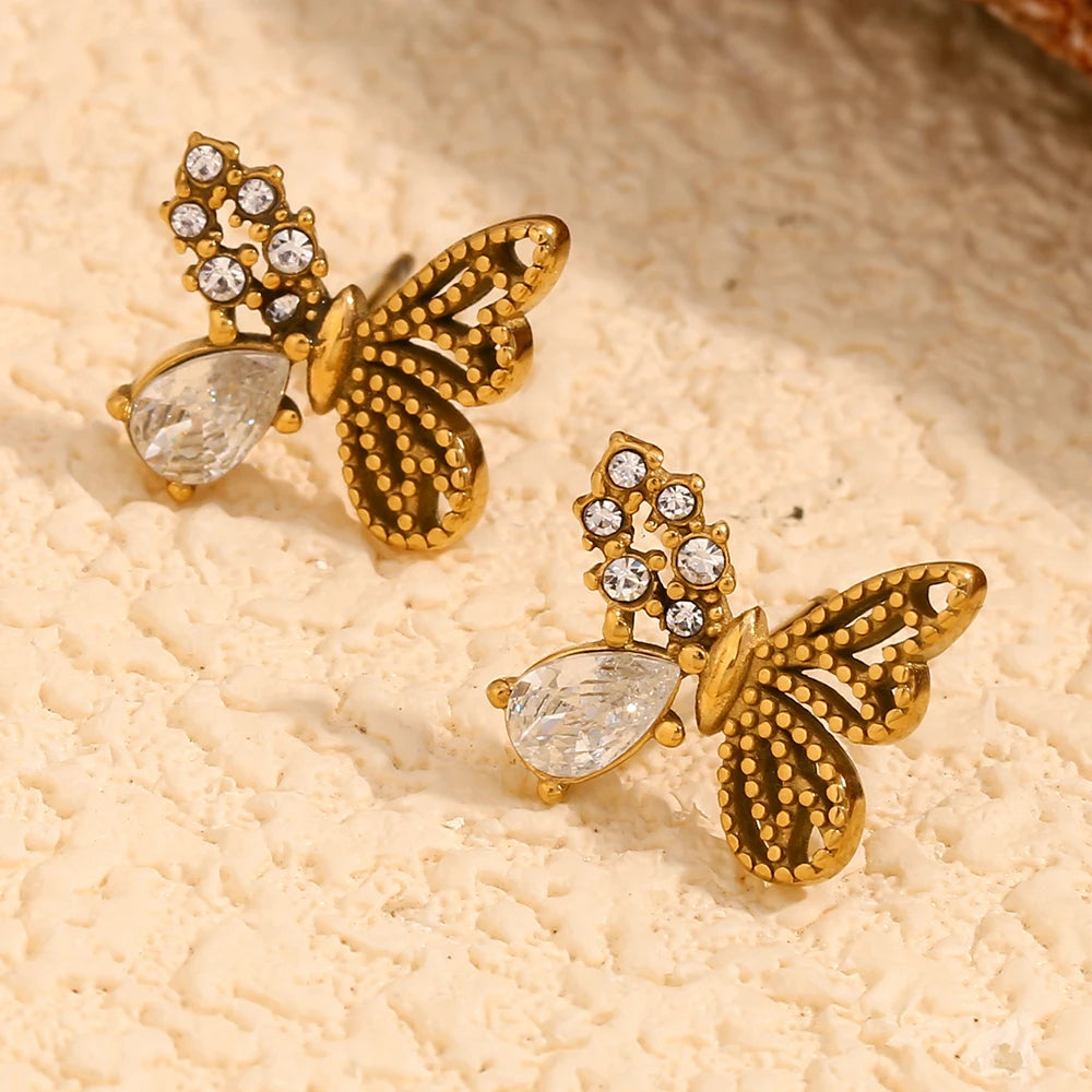 Asymmetric Half Set Zircon Butterfly Stud Earrings Hypoallergenic 316L Stainless Steel Women's Earrings 18K Gold Plated Gift