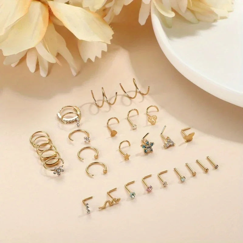 FASACCO 1Pc Surgical Steel Nose Rings for Women Men L Shaped Screw Studs Gold-Plated CZ Nose Rings Hoop Nose Piercing Jewelry