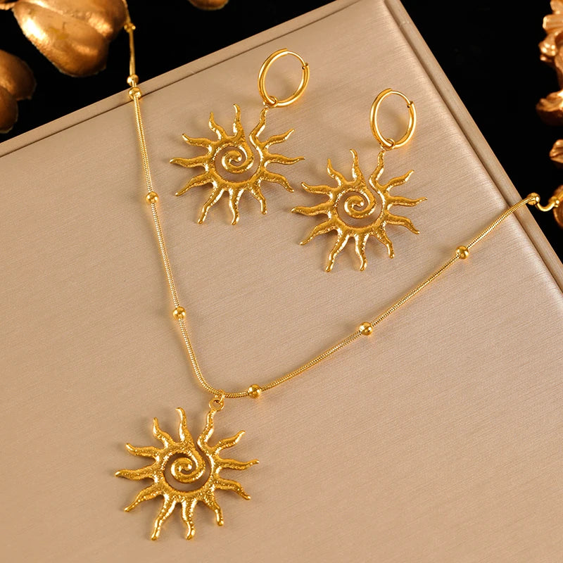 EILIECK 316L Stainless Steel Vintage Sun Necklace Earrings Set For Women Trendy 18K Gold Plated Waterproof Beach Jewelry Gift