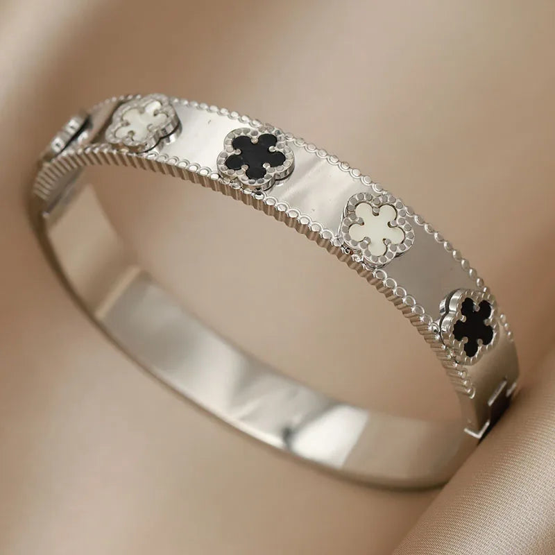 316L Stainless Steel 18K PVD Plated  Beads Cross Bangles for Women Fashion Brand Jewelry Golden Flower Bangles Party Accessories
