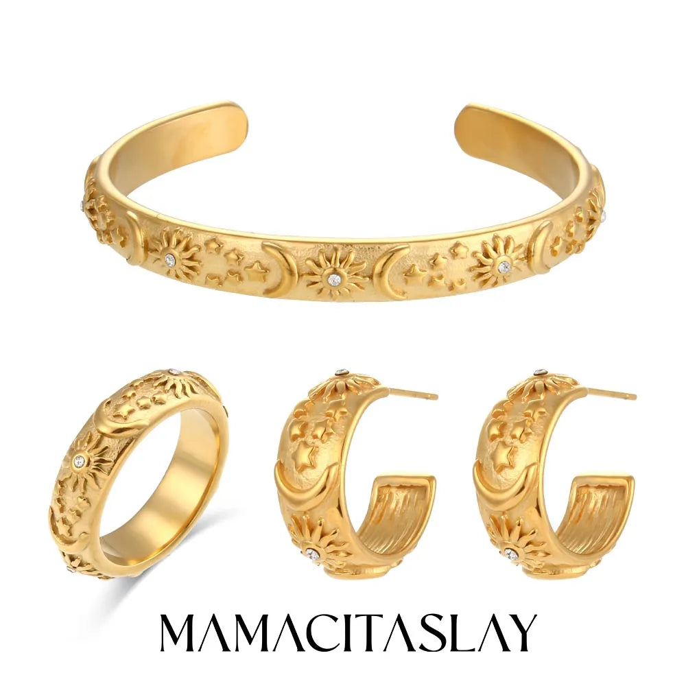 MamacitaSlay 316L Stainless Steel 18K Gold Plated Sun Moon Star Embossed Jewelry Set Open Cuff Bangle Hoop Earrings Band Ring