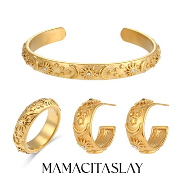 MamacitaSlay 316L Stainless Steel 18K Gold Plated Sun Moon Star Embossed Jewelry Set Open Cuff Bangle Hoop Earrings Band Ring