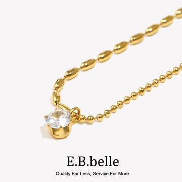 E.B.belle Asymmetric Round Bead Chain Zircon Pendant Necklace 18K Gold Plated Accessories 316L Stainless Steel Necklace