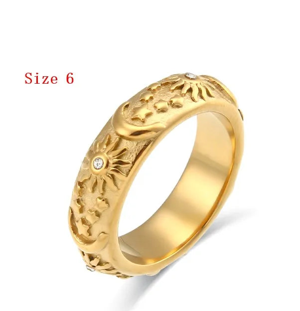 MamacitaSlay 316L Stainless Steel 18K Gold Plated Sun Moon Star Embossed Jewelry Set Open Cuff Bangle Hoop Earrings Band Ring