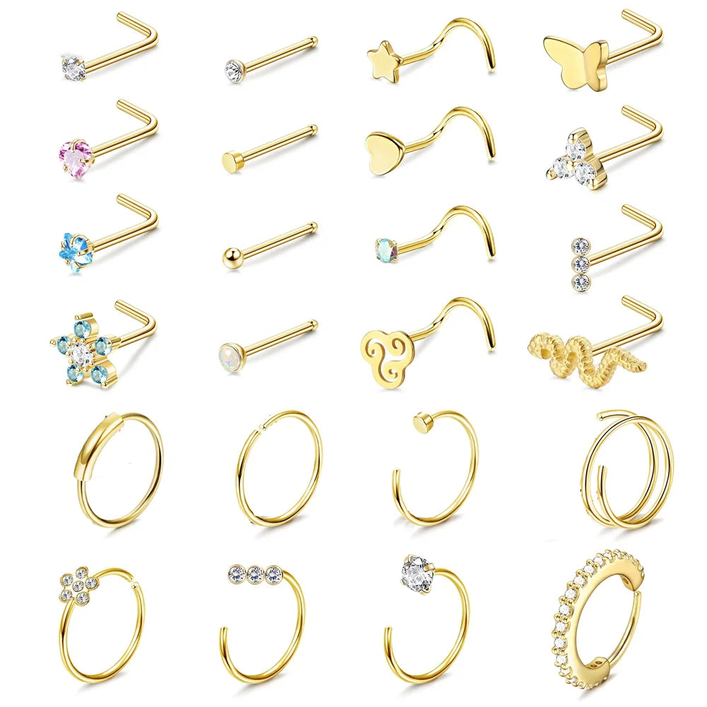 FASACCO 1Pc Surgical Steel Nose Rings for Women Men L Shaped Screw Studs Gold-Plated CZ Nose Rings Hoop Nose Piercing Jewelry
