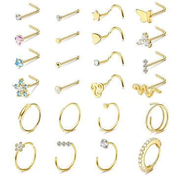 FASACCO 1Pc Surgical Steel Nose Rings for Women Men L Shaped Screw Studs Gold-Plated CZ Nose Rings Hoop Nose Piercing Jewelry