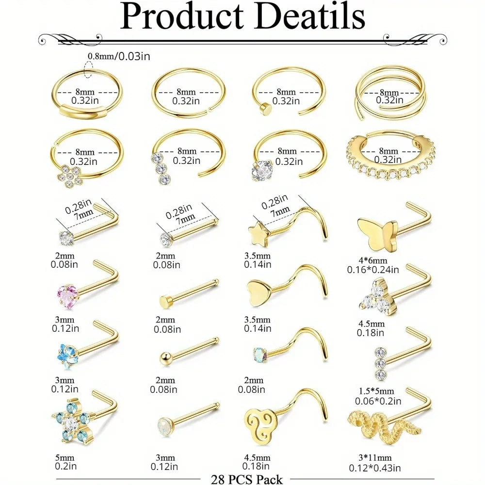 FASACCO 1Pc Surgical Steel Nose Rings for Women Men L Shaped Screw Studs Gold-Plated CZ Nose Rings Hoop Nose Piercing Jewelry