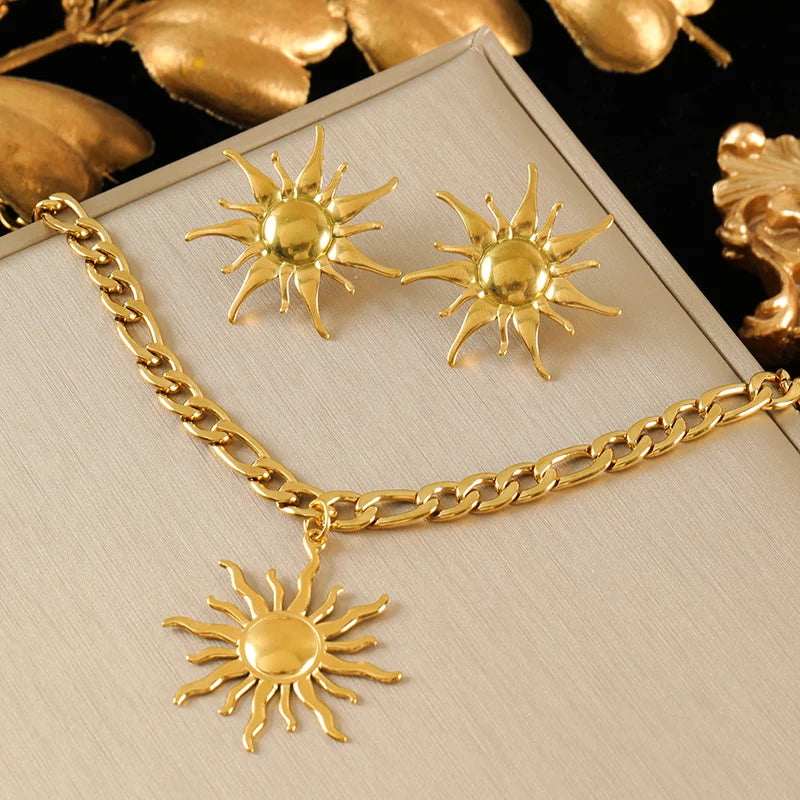 EILIECK 316L Stainless Steel Vintage Sun Necklace Earrings Set For Women Trendy 18K Gold Plated Waterproof Beach Jewelry Gift
