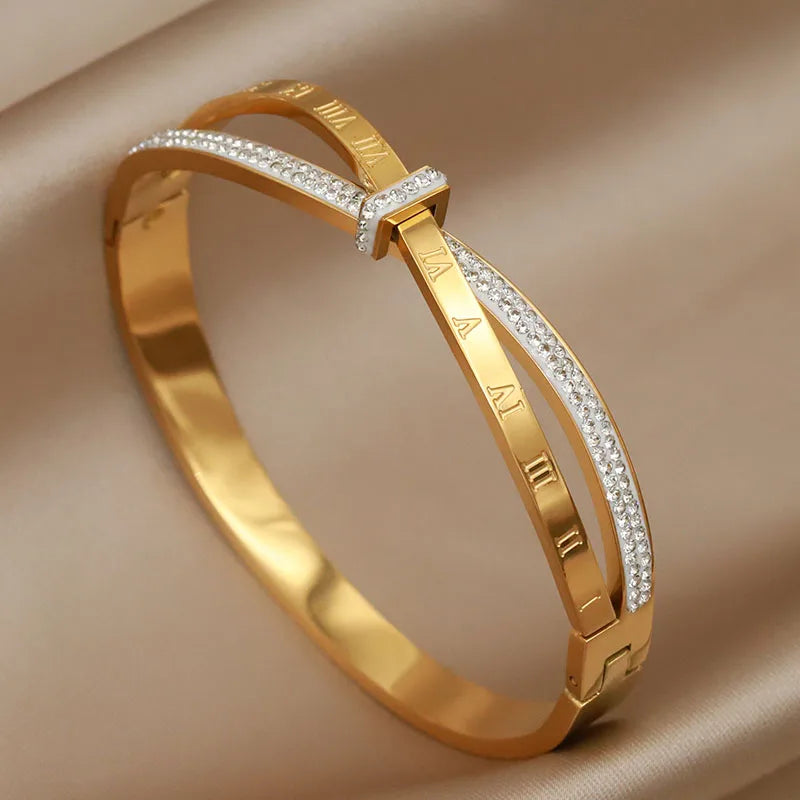 316L Stainless Steel 18K PVD Plated  Beads Cross Bangles for Women Fashion Brand Jewelry Golden Flower Bangles Party Accessories