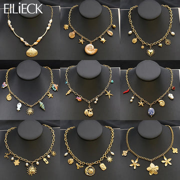 EILIECK 316L Stainless Steel Starfish Shell Sun Pendant Necklace For Women New 18K Gold Plated Summer Charm Handmade Jewelry
