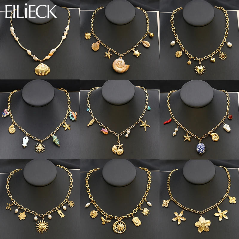 EILIECK 316L Stainless Steel Starfish Shell Sun Pendant Necklace For Women New 18K Gold Plated Summer Charm Handmade Jewelry