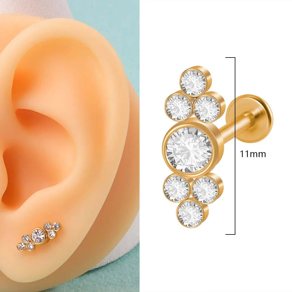 1PC 316L Surgical Steel 16G Gold Plated Cz Labret Lip Ring Crystal Cluster Ear Cartilage Tragus Helix Daith Piercing Jewelry