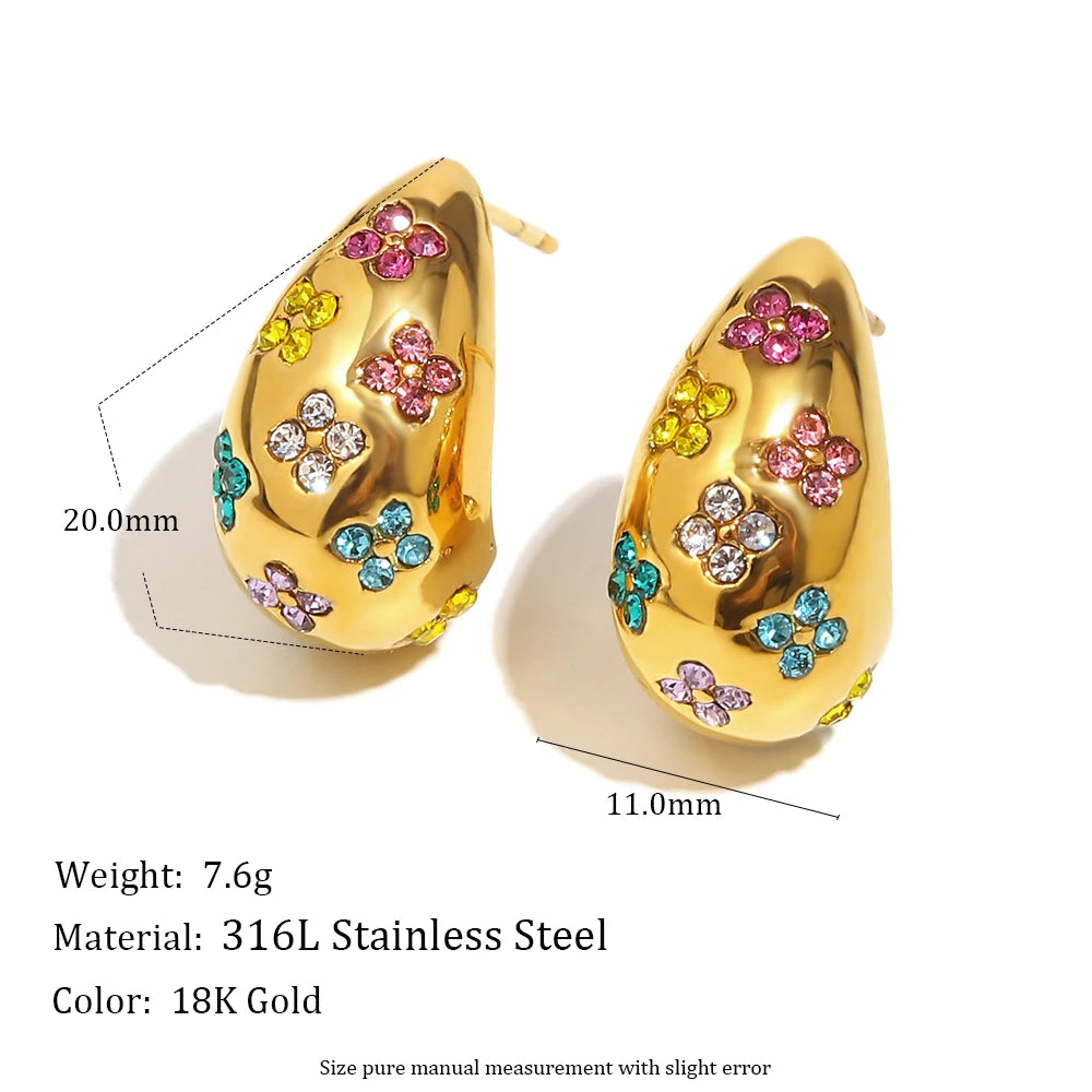 Glossisland 316L Stainless Steel Colorful Zircon Chubby Waterdrop Earrings 18K Gold Plated Waterproof Jewelry Design For Women