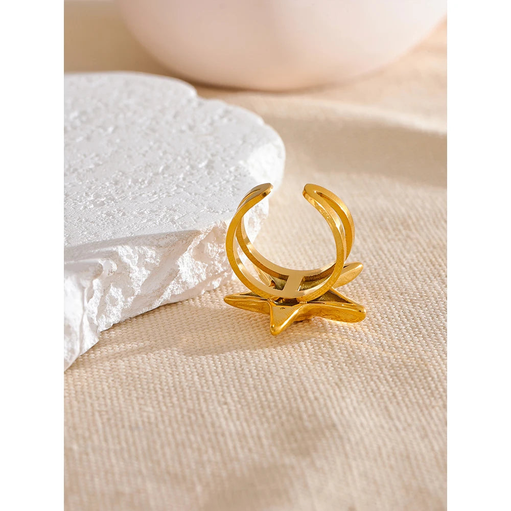 Yhpup 316L Stainless Steel Starfish Open Ring Adjustable 18K Gold PVD Plated Metal Summer Personalized Jewelry for Holiday