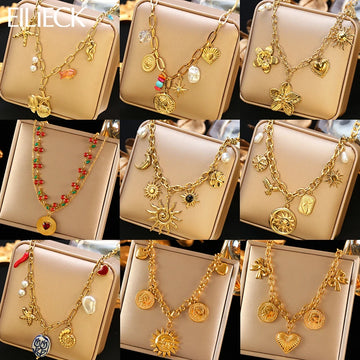 EILIECK 316L Stainless Steel Sun Heart Flower Pendant Necklace 18K Gold Plated Accessories Charm Handmade Jewelry For Women Girl
