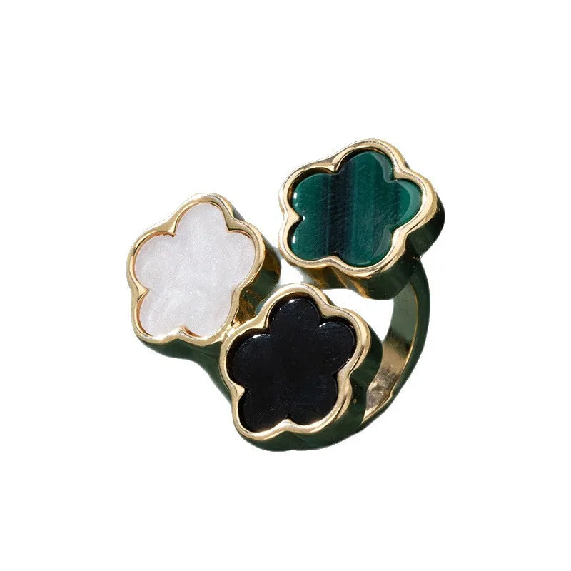 Women's 316L Stainless Steel Five Leaf Clover Open Ring PVD 18K Gold Plated Fashion Waterproof Jewelry Charms