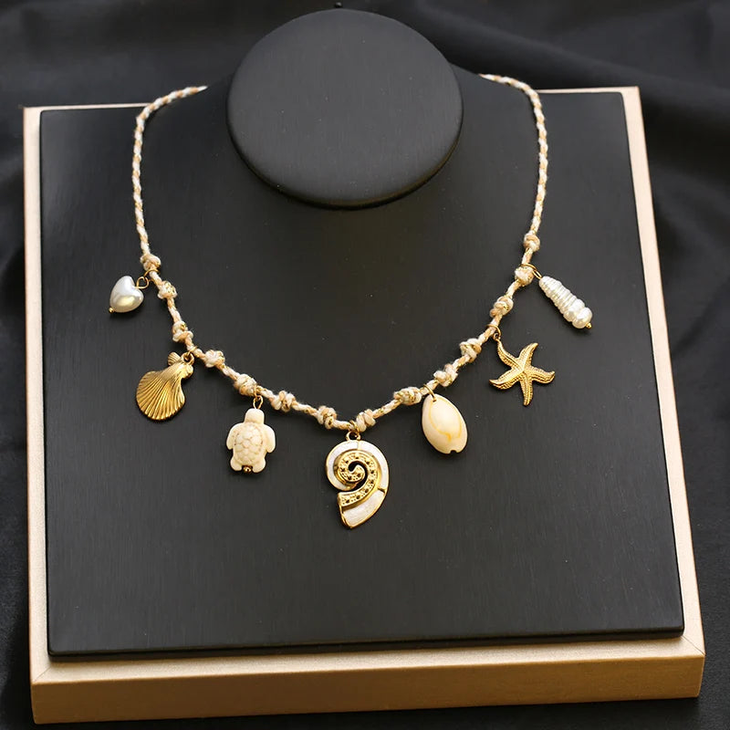 EILIECK 316L Stainless Steel Chain Waterproof Ocean Pendant Necklace Charm Starfish Shell 18K Gold PVD Plated Holiday Jewelry