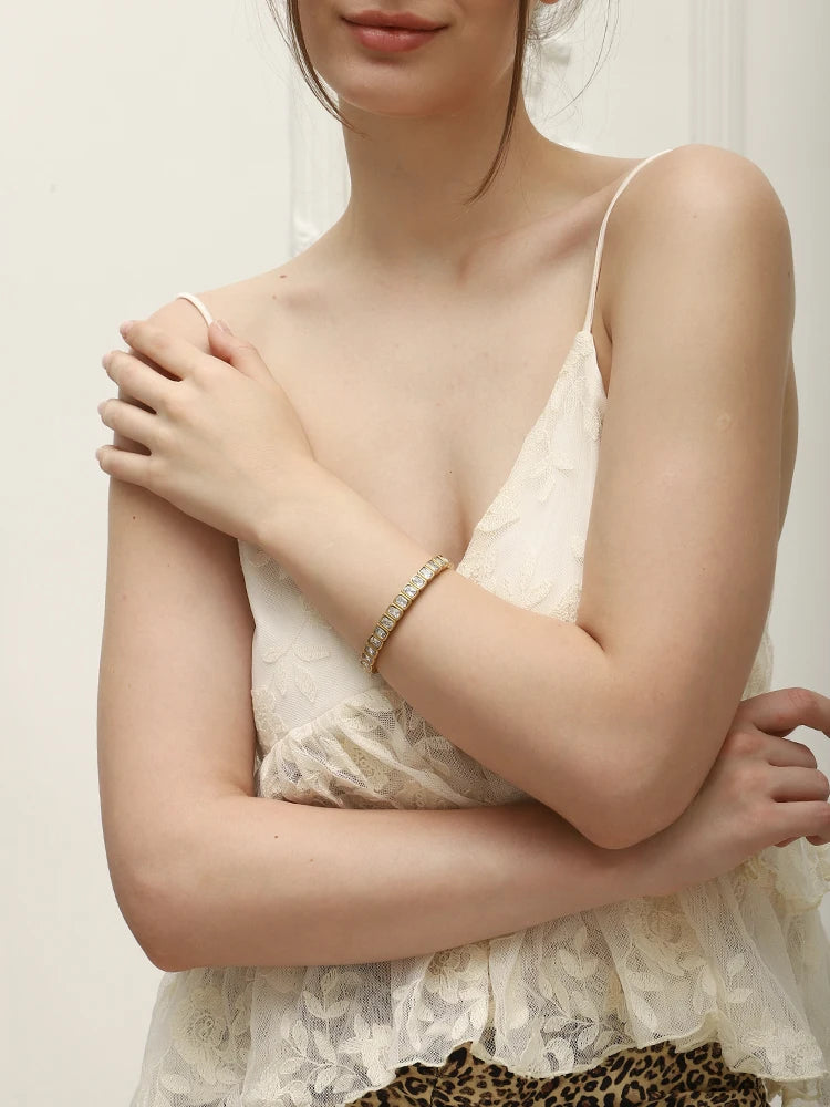 316L Stainless Steel Green Rhinestones White Rhinestones Classic Style Bracelet 18K Gold Plated Bracelet Women's Gift.