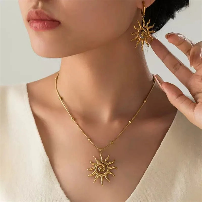 EILIECK 316L Stainless Steel Vintage Sun Necklace Earrings Set For Women Trendy 18K Gold Plated Waterproof Beach Jewelry Gift