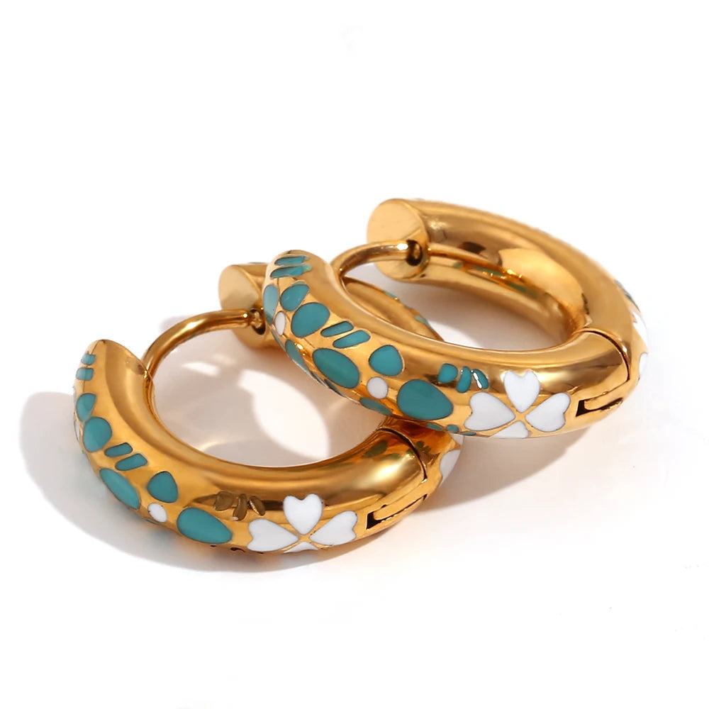 E.B.belle Colorful Enamel Clover Flower Hoop Earrings 316L Stainless Steel Fashion 18K Gold Plated Earrings for Women Jewelry