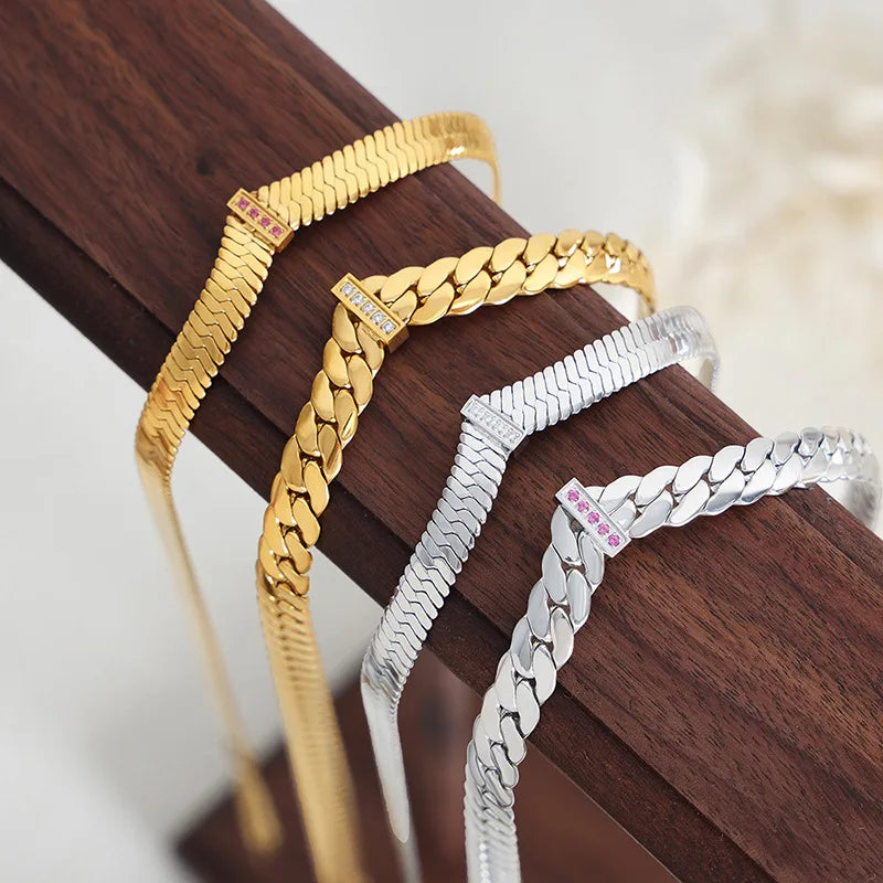 316L Stainless Steel Chain Necklace For Women 18k Gold Plated Inlaid With Zircon Women's Hip-hop Rock Style Thick Necklaces