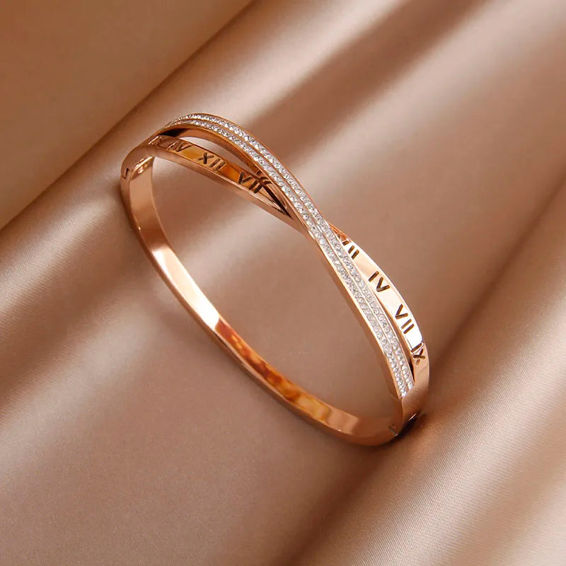 316L Stainless Steel 18K PVD Plated  Beads Cross Bangles for Women Fashion Brand Jewelry Golden Flower Bangles Party Accessories