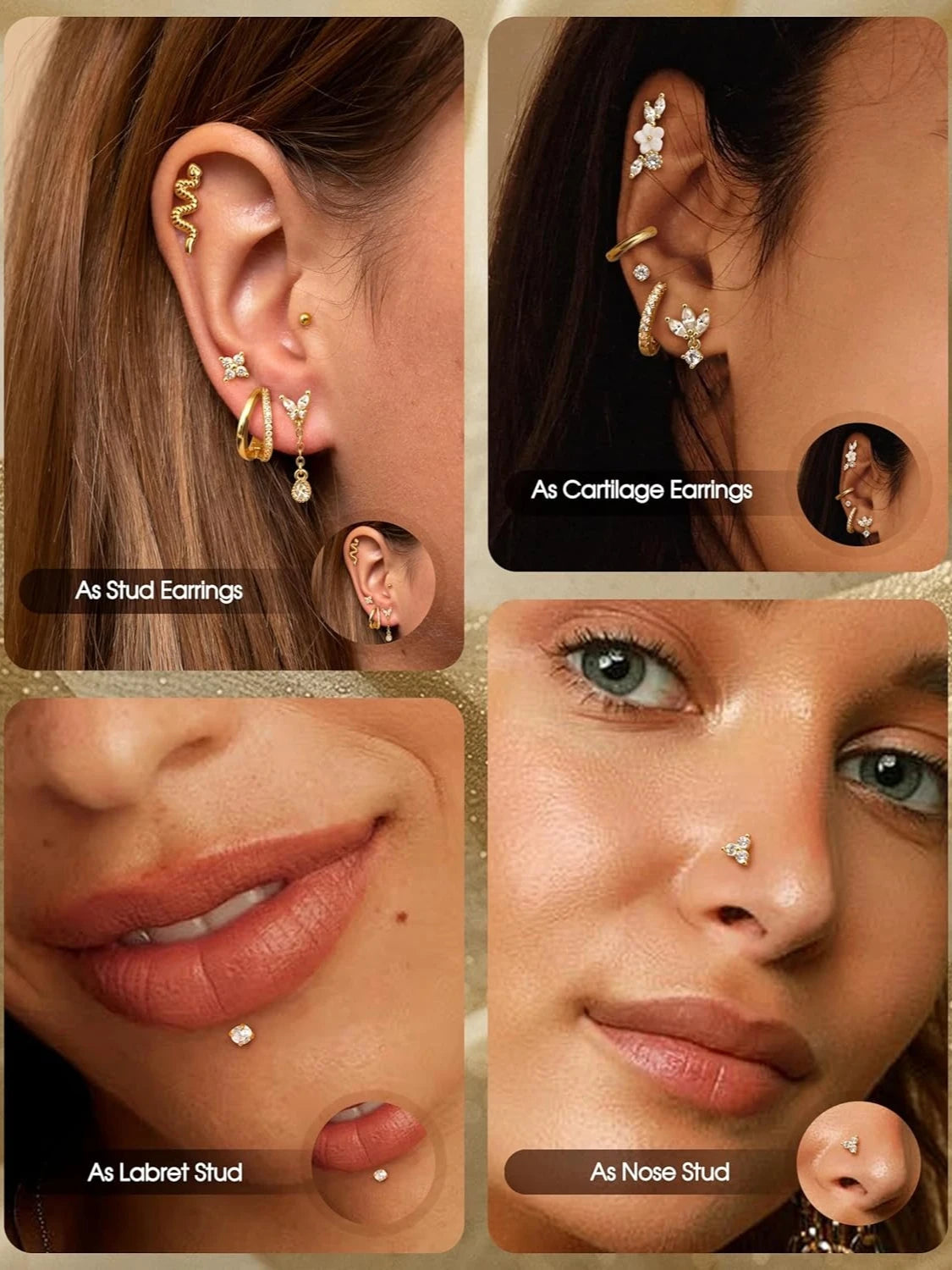 Florideco Threadless Flat Back Earrings 14K Gold Plated 316L Surgical Steel Stud Hoop Earrings Cartilage Helix Piercing Jewelry