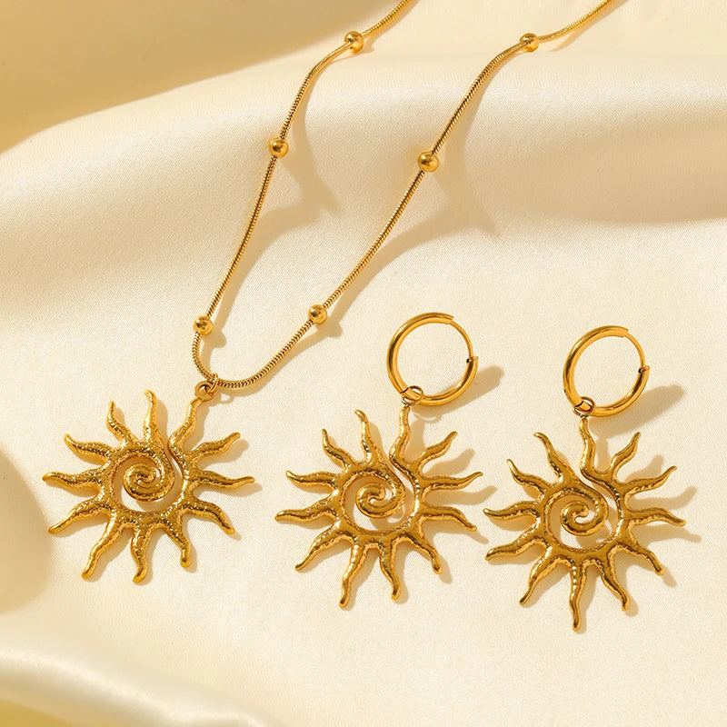 EILIECK 316L Stainless Steel Vintage Sun Necklace Earrings Set For Women Trendy 18K Gold Plated Waterproof Beach Jewelry Gift