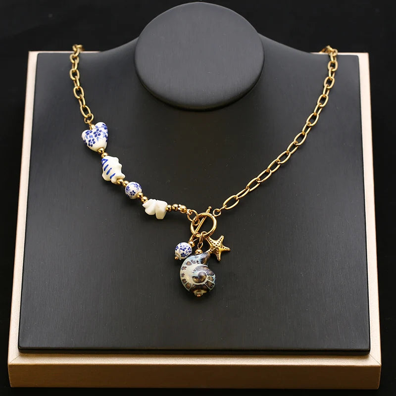EILIECK 316L Stainless Steel Chain Waterproof Ocean Pendant Necklace Charm Starfish Shell 18K Gold PVD Plated Holiday Jewelry