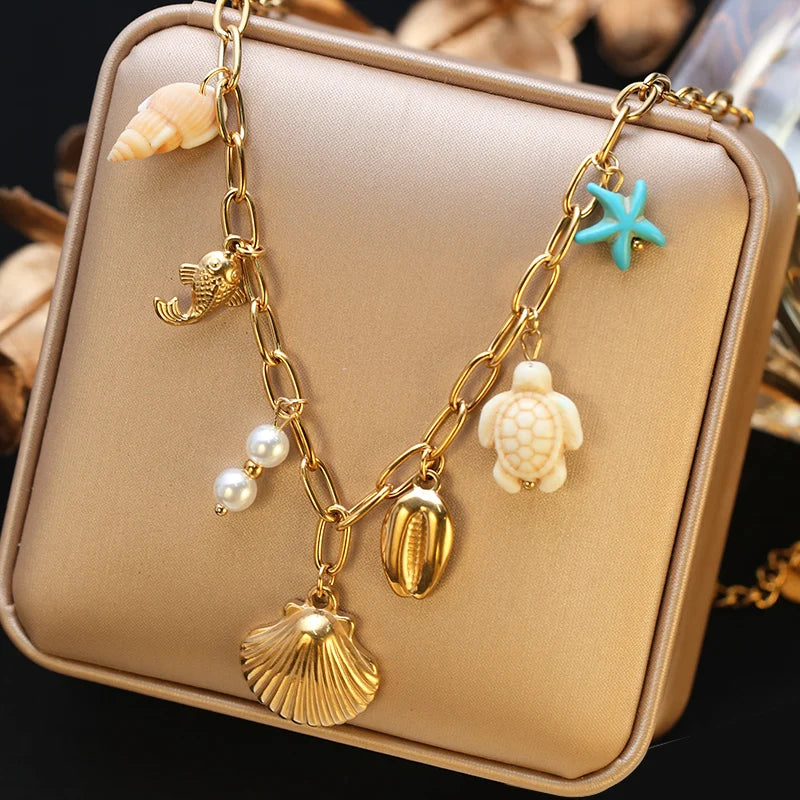 EILIECK 316L Stainless Steel Charms Pearl Moon Pendant Necklace 18K Gold Plated Popular Summer Fashion Jewelry For Women Girl