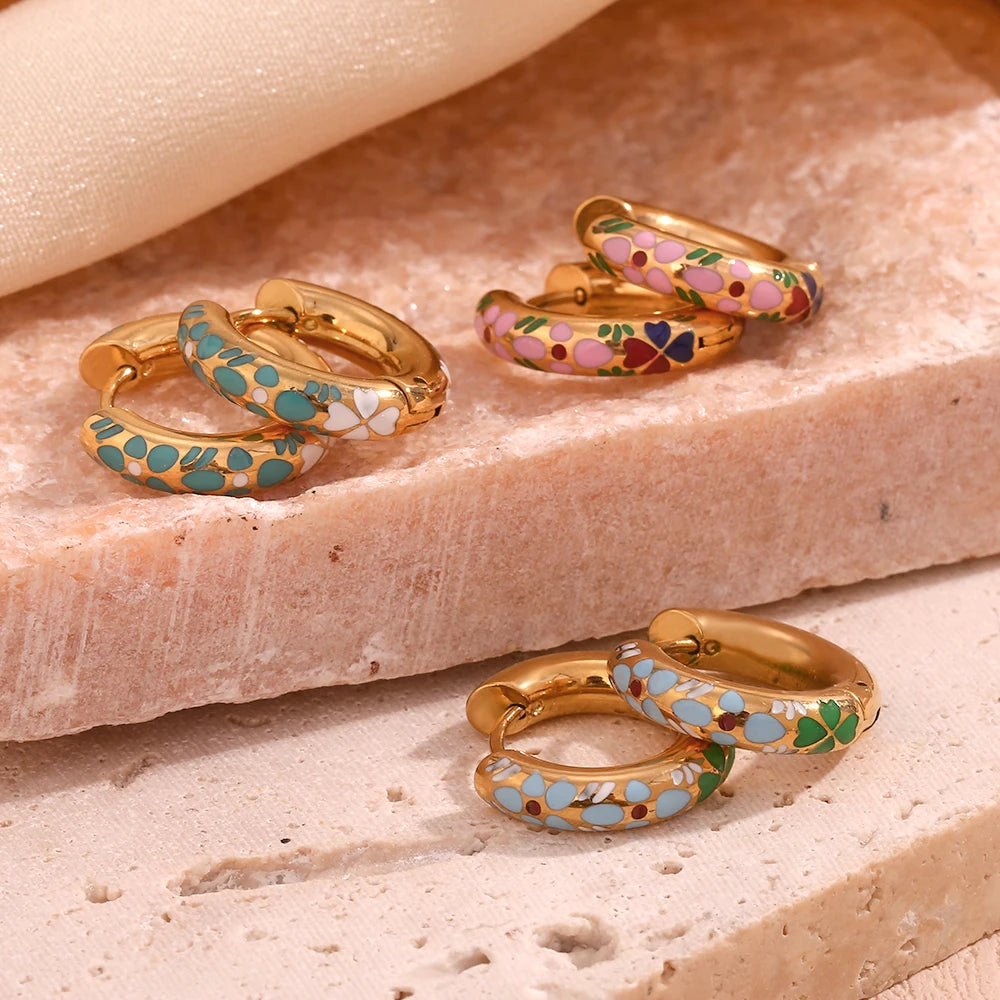 E.B.belle Colorful Enamel Clover Flower Hoop Earrings 316L Stainless Steel Fashion 18K Gold Plated Earrings for Women Jewelry