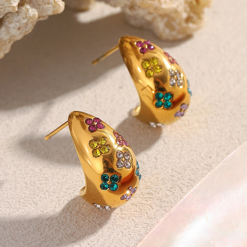Glossisland 316L Stainless Steel Colorful Zircon Chubby Waterdrop Earrings 18K Gold Plated Waterproof Jewelry Design For Women