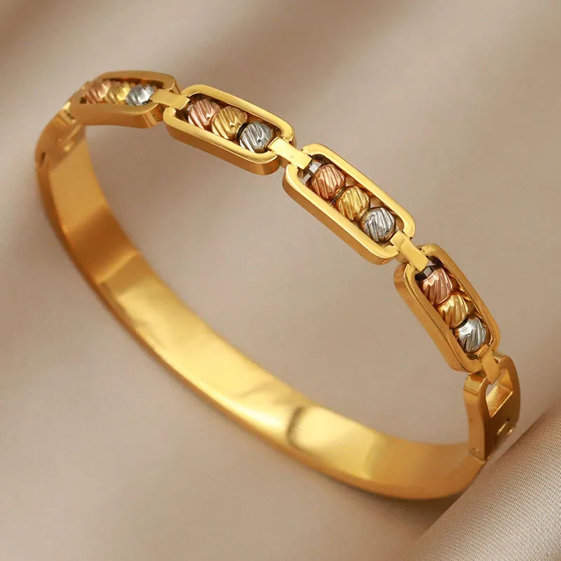 316L Stainless Steel 18K PVD Plated  Beads Cross Bangles for Women Fashion Brand Jewelry Golden Flower Bangles Party Accessories