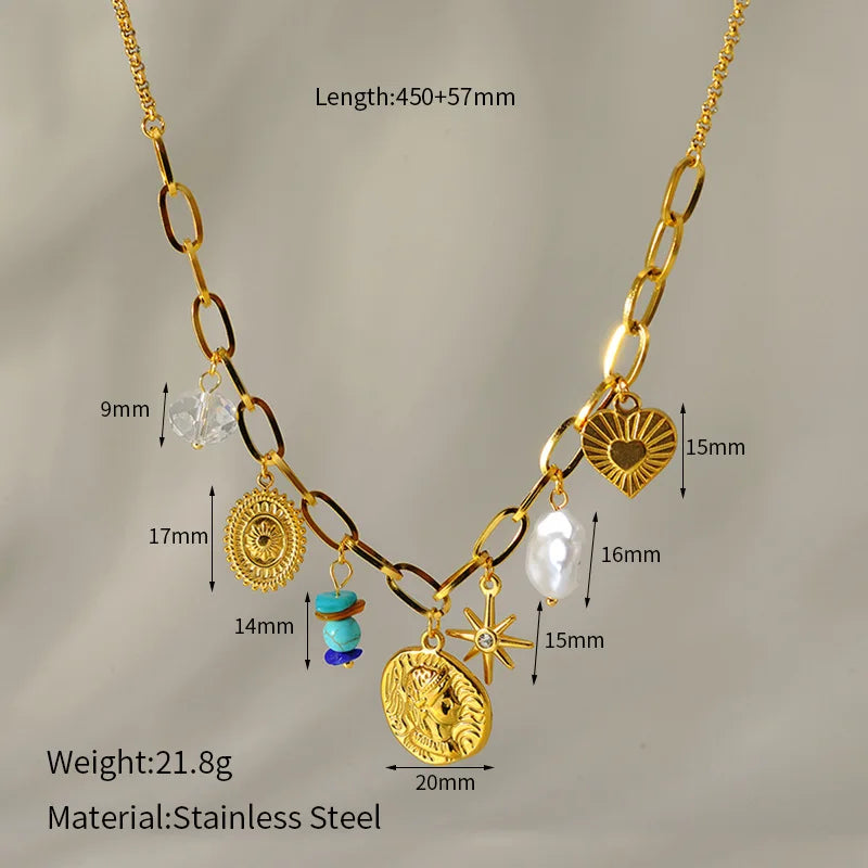 EILIECK 316L Stainless Steel Sun Heart Flower Pendant Necklace 18K Gold Plated Accessories Charm Handmade Jewelry For Women Girl