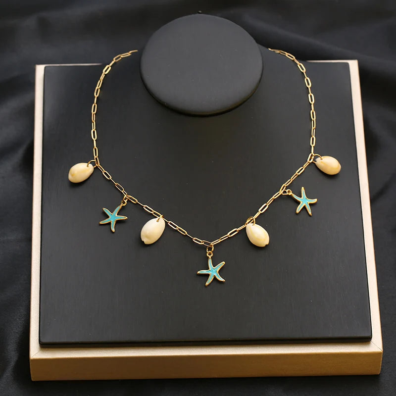 EILIECK 316L Stainless Steel Chain Waterproof Ocean Pendant Necklace Charm Starfish Shell 18K Gold PVD Plated Holiday Jewelry