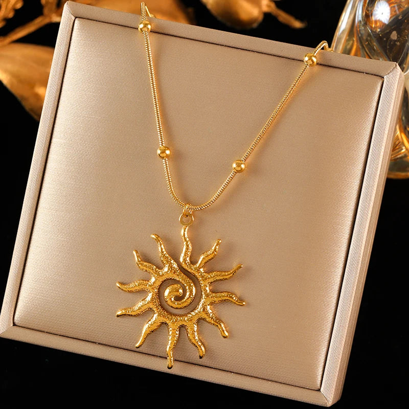 EILIECK 316L Stainless Steel Vintage Sun Necklace Earrings Set For Women Trendy 18K Gold Plated Waterproof Beach Jewelry Gift