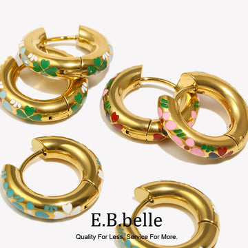 E.B.belle Colorful Enamel Clover Flower Hoop Earrings 316L Stainless Steel Fashion 18K Gold Plated Earrings for Women Jewelry